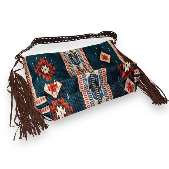 Southwestern Design Fringe Tassel Hobo Shoulder Bag Teal Blue Orange Tan Brown - Picture 3 of 6